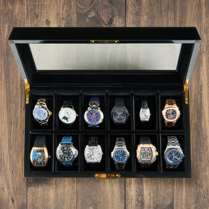 'PEARSON' Premium 12 Slot Watch Box Organizer with Lock & Glass Display |  Black Piano Finish Watch Case - Large Watches