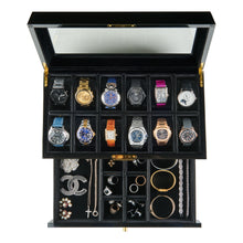 Load image into Gallery viewer, &#39;PEARSON VALET&#39; Watch Display Case | Premium Jewelry and Watch Box with Valet Drawer, Glass Lid, and Lock | Black Piano Finish