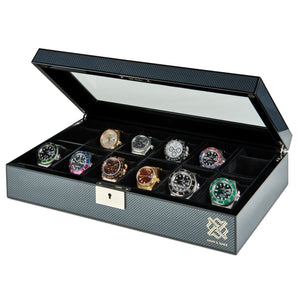Specter' Elegant, 12 Slot Watch Box Organizer with Lock | Premium Jewelry & Watch Display Case | Storage Cases for Watches | Large, Glass Lid 