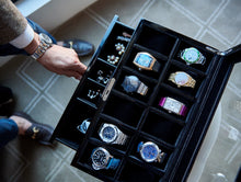 Load image into Gallery viewer, &#39;SPECTER VALET&#39; Premium 12 Slot Watch Box Organizer with Lock and Glass Display | Watch Box with Valet Drawer for Jewelry and Accessories | Carbon Fiber Finish