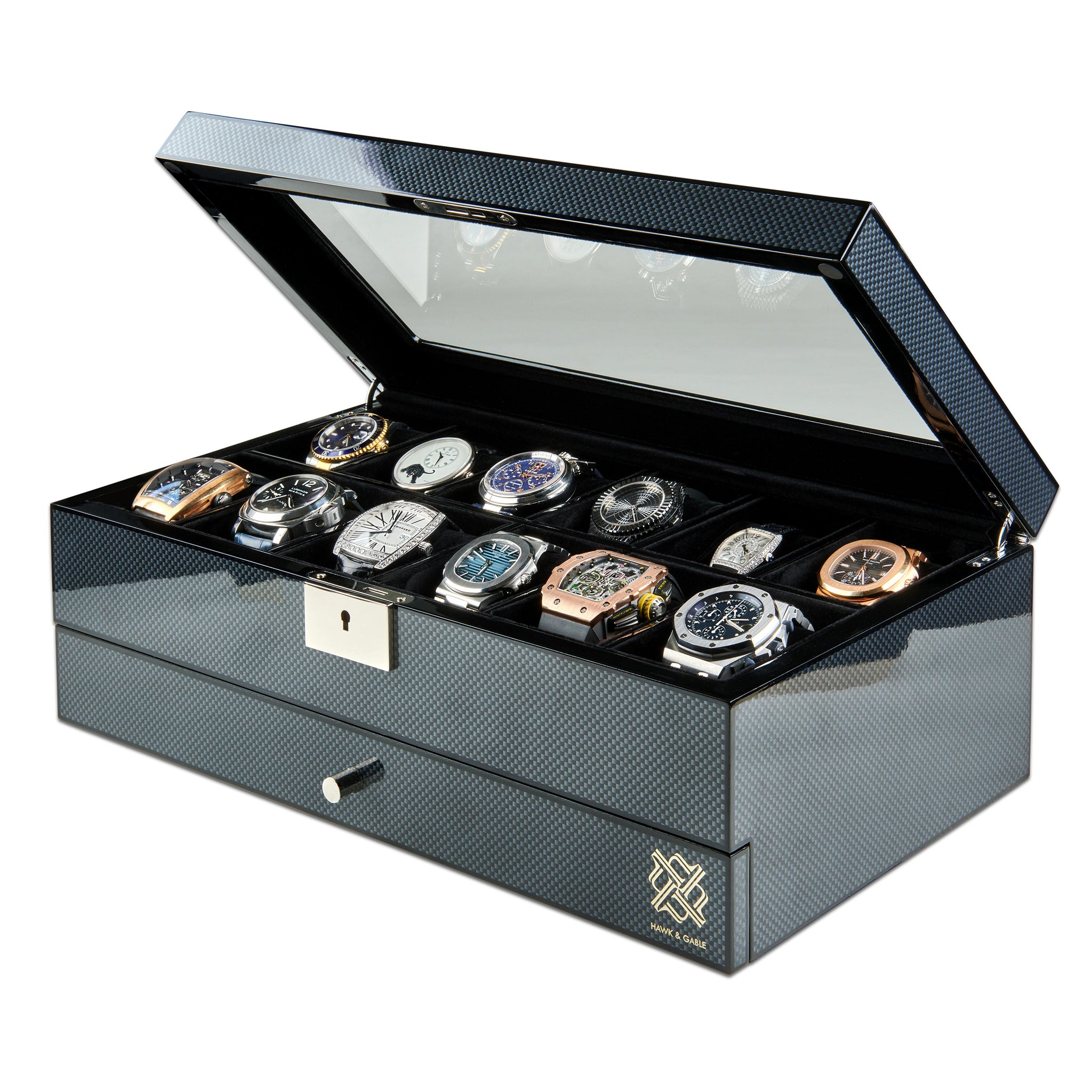 Men's Watch 8 Slot Jewelry Box Valet Tray Organizer with Drawer  Charging Station
