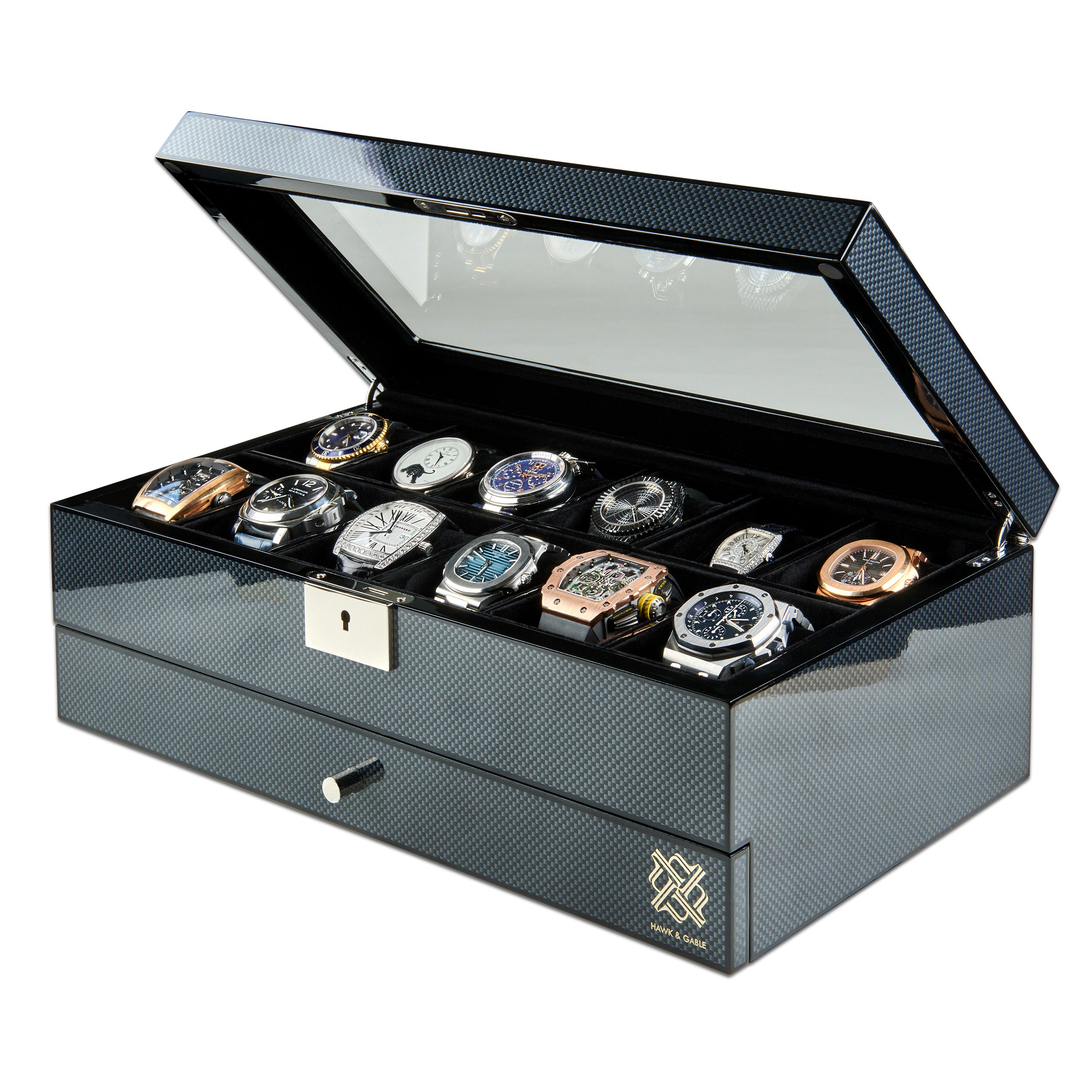 Watch Box Organizer for Men with Valet Drawer - Luxury 12 Slot Watch Case with Glass Display and Lock | Mens Wrist Watches Jewelry Box | Large 15.5