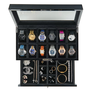 'SPECTER VALET' Premium 12 Slot Watch Box Organizer with Lock and Glass Display | Watch Box with Valet Drawer for Jewelry and Accessories | Carbon Fiber Finish