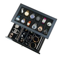 Load image into Gallery viewer, &#39;SPECTER VALET&#39; Premium 12 Slot Watch Box Organizer with Lock and Glass Display | Watch Box with Valet Drawer for Jewelry and Accessories | Carbon Fiber Finish